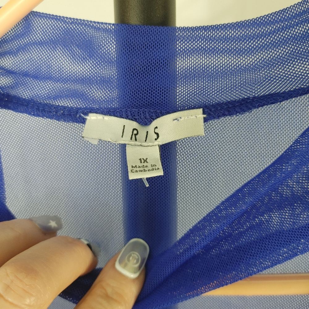 Iris Blue Sheer Mesh Bodysuit 1X Long Sleeve V Neck Stretch Y2K Clubwear Top - Picture 5 of 12